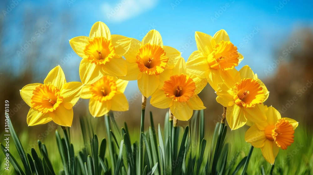 Yellow daffodils in the field. Blooming flowers in spring. Blurred background. Yellow daffodils in the field. Blooming flowers in spring. Blurred background.