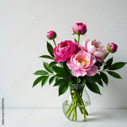 Wallpaper Mural Colorful Peony flowers in a vase, surrounded by green leaves and stems, spring, art, fresh cut Torontodigital.ca