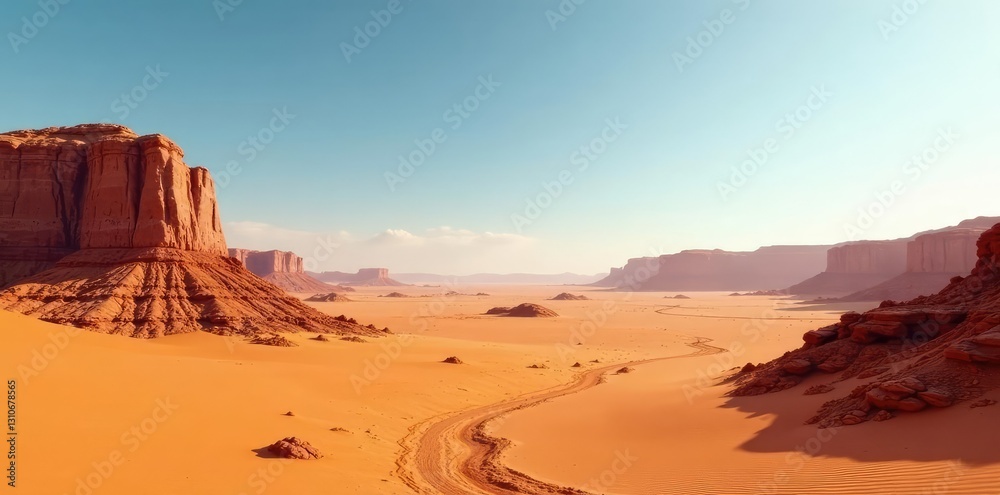 Fototapeta premium Desert landscape with sandy dunes and rocky outcrops, geology, orange