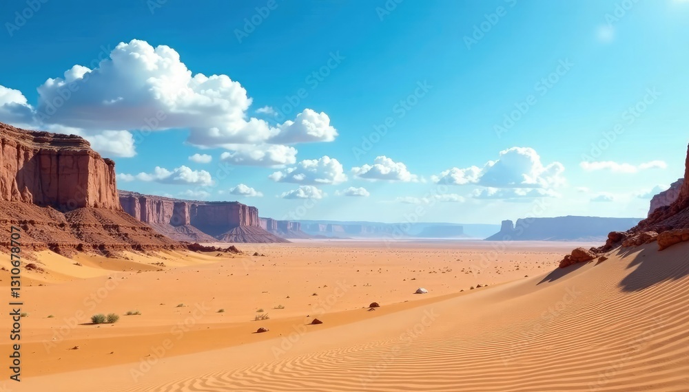 Desert landscape with sparse clouds against blue sky, sand, rock, desert