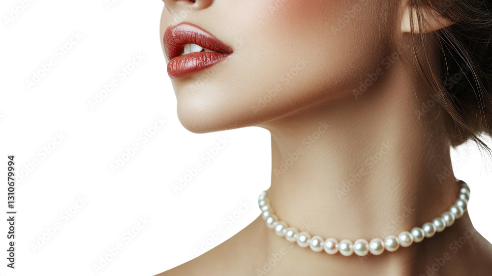 Portrait of a woman showcasing elegance with a pearl necklace, emphasizing beauty and sophistication. Portrait of a woman showcasing elegance with a pearl necklace, emphasizing beauty and sophistication.
