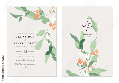 Wedding invitation and save the date template set of floral design with green leaves and orange and white flowers on a light brown background. The style is modern, minimalist and nature-inspired