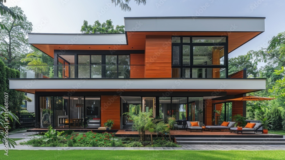 Fototapeta premium Modern two-story house with terrace and garden in a lush setting