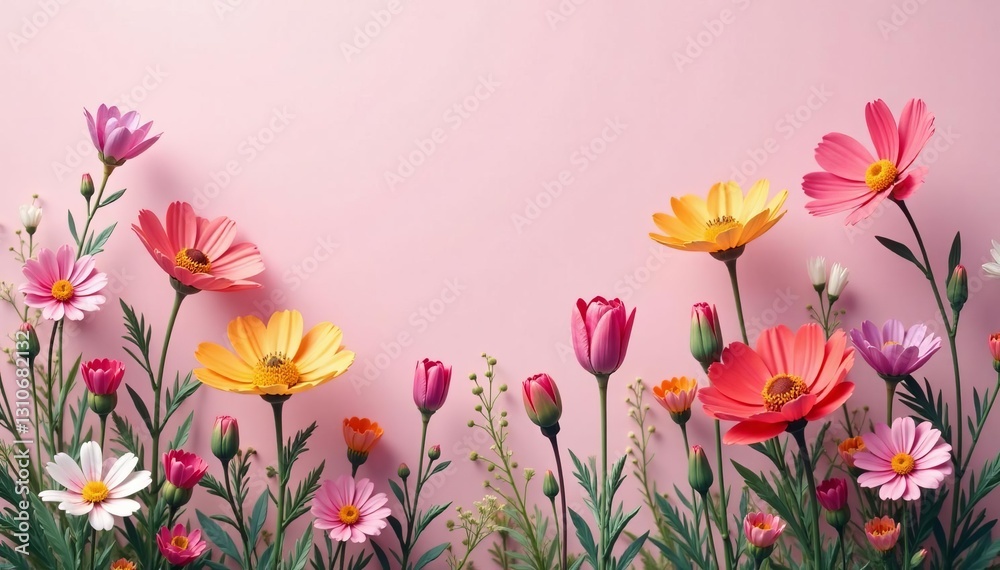 Obraz premium Breathtaking wildflowers in full bloom set on a delicate pink canvas, floral, fresh, delicate