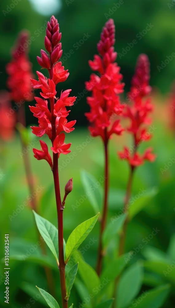 Red lychnis chalcedonica stems and leaves in full bloom, nature, garden Red lychnis chalcedonica stems and leaves in full bloom, nature, garden
