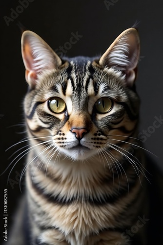Close-up of gray tabby cat with rheum, staring into camera, dirty, pet, illness