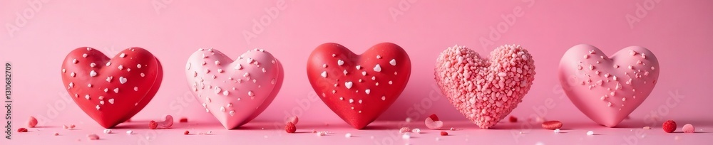 Fototapeta premium Close up of heart-shaped sweet treats on a pink background for Valentine's Day, celebration, valentine, love