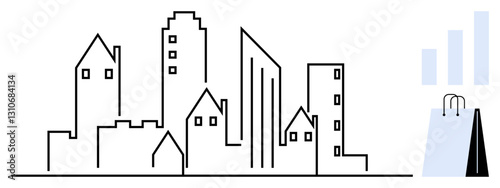 Modern cityscape outline of skyscrapers, houses, shopping bags, and growth bars indicating commerce, retail, or financial insights. Ideal for urban development, economics, commerce retail business