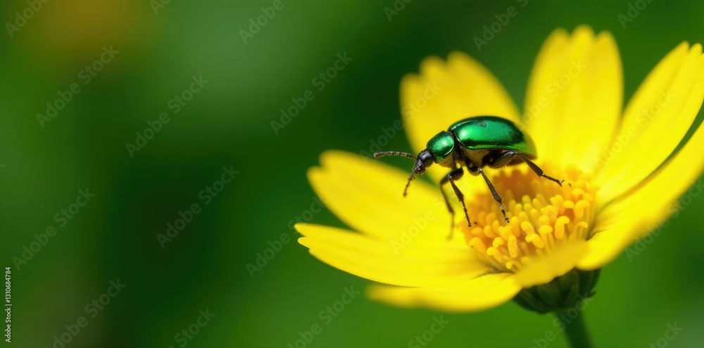 Tiny green beetle sits on delicate yellow petals, nature, beetle Tiny green beetle sits on delicate yellow petals, nature, beetle