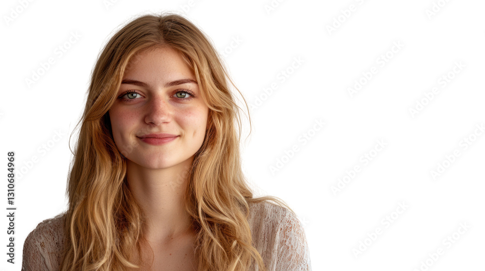 Smiling young woman with long blonde hair, wearing a light top, against a white background. Smiling young woman with long blonde hair, wearing a light top, against a white background.