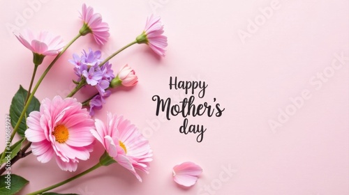 A Delicate Arrangement of Pink and Purple Flowers on a Pale Pink Background, a Lovely Springtime Floral Greeting for Mothers Day