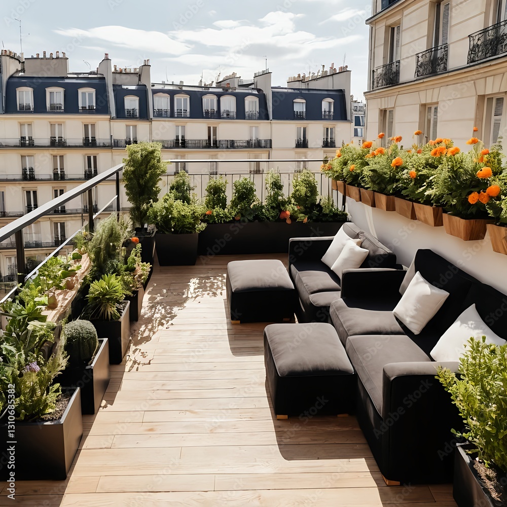 Obraz premium Parisian Rooftop Terrace with Modern Furniture and Lush Greenery