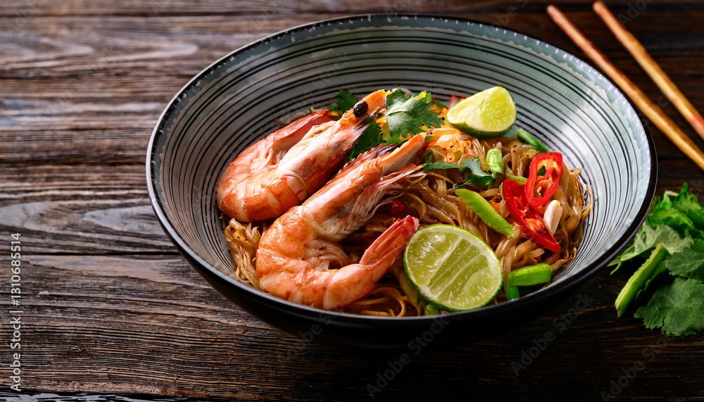 thai noodle with shrimps and vegetables on wooden table thai noodle with shrimps and vegetables on wooden table