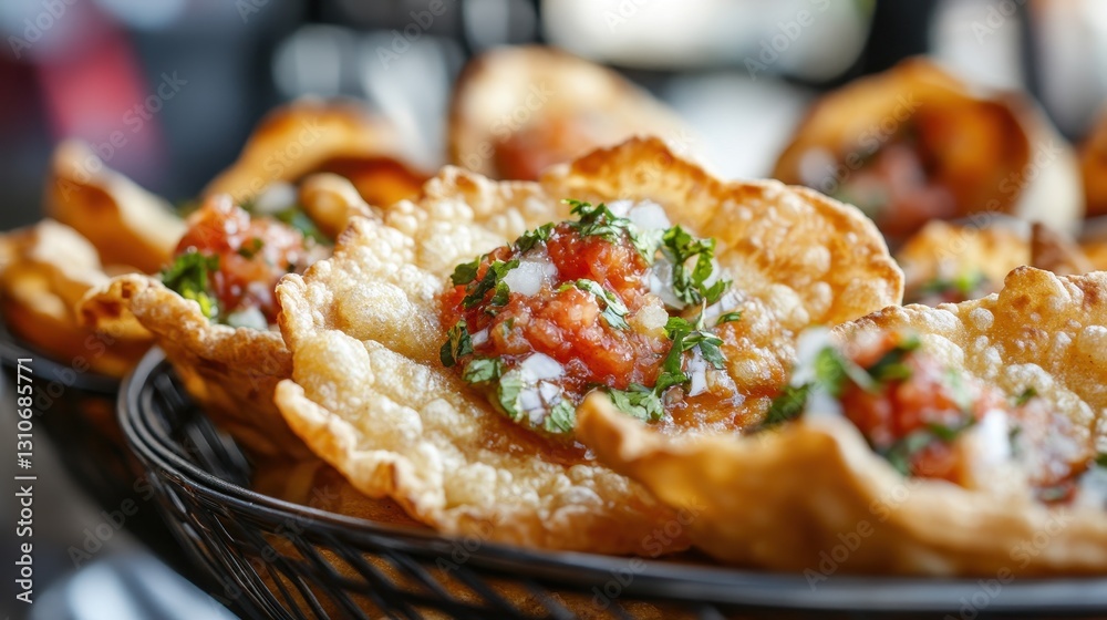 Crispy Fried Snacks with Fresh Salsa and Herbs on a Plate Crispy Fried Snacks with Fresh Salsa and Herbs on a Plate