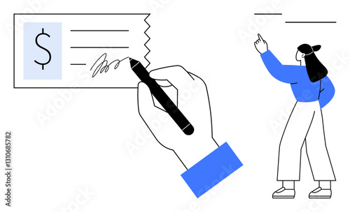 Hand signs check with bold black pen while woman gestures upward, suggesting instruction or feedback. Ideal for finance, payment, banking, instruction, teamwork, approval signature. Flat simple