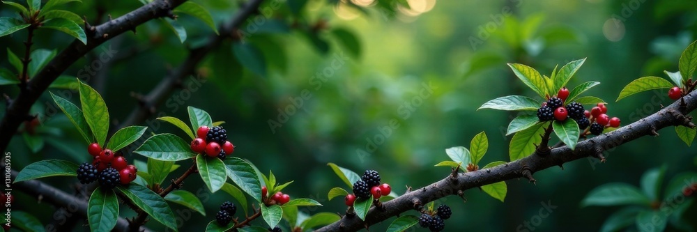 Obraz premium Dense foliage with thorny branches and dark berries, fruiting plants, autumn leaves, thorny branches
