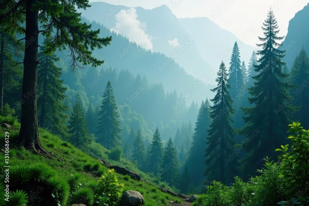 Fototapeta premium Dense forest landscape with misty atmosphere, foliage, blue, trees