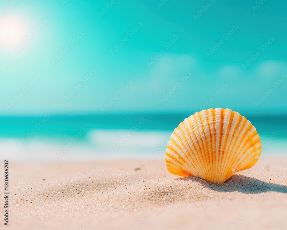 Close-up of a seashell partially buried in soft sand Close-up of a seashell partially buried in soft sand