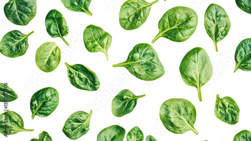 Fresh spinach leaves arranged on a white background, perfect for culinary and healthy lifestyle themes.