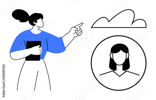 Female pointing towards a cloud, holding a tablet, next to a user profile icon. Ideal for teamwork, connectivity, cloud technology, communication, digital identity, leadership innovation flat