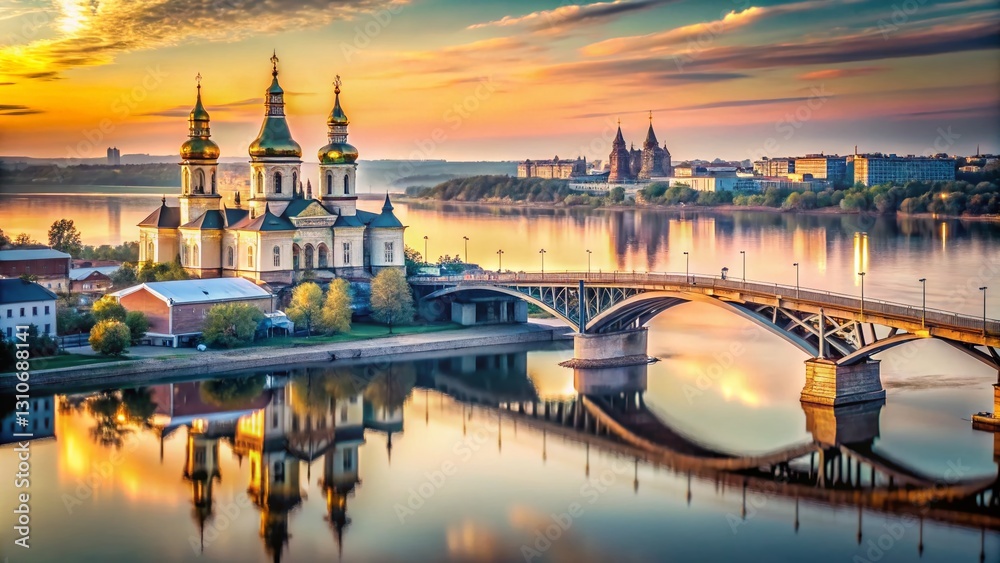 Fototapeta premium Minimalist Nizhny Novgorod: Cityscape, Church, & River Bridge