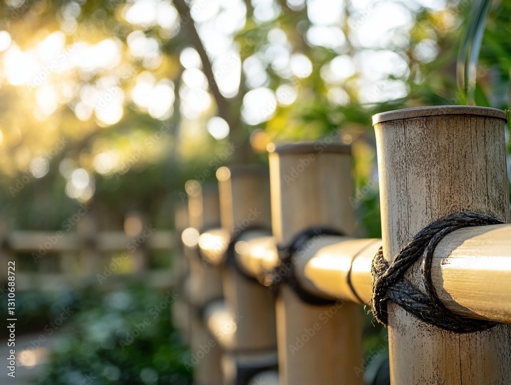 Golden hour sunlight illuminates a rustic bamboo fence in a tranquil garden setting. Golden hour sunlight illuminates a rustic bamboo fence in a tranquil garden setting.