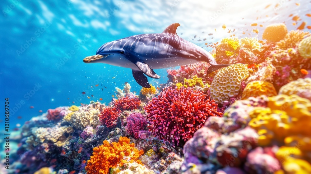 Obraz premium Dolphin swimming near vibrant coral reef underwater scene