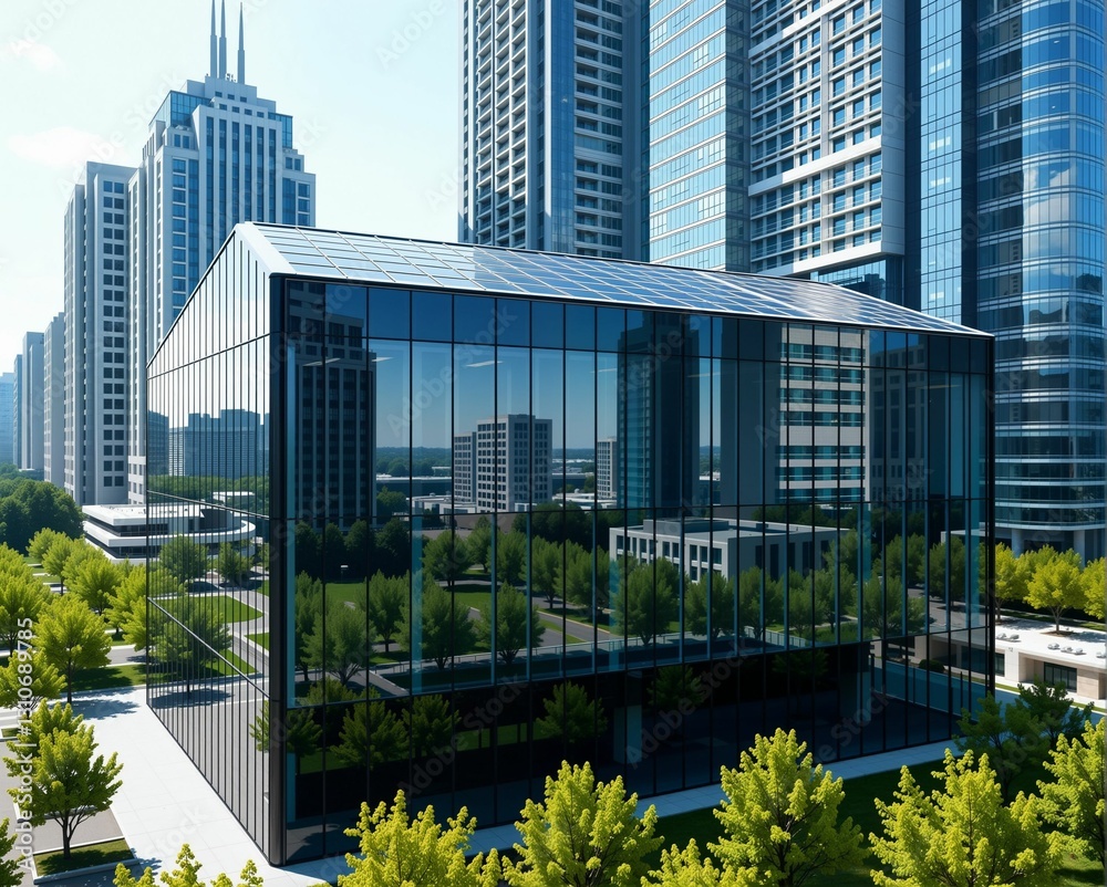 Fototapeta premium A modern glass building surrounded by lush greenery and urban structures, reflecting a blend of nature and contemporary architecture.