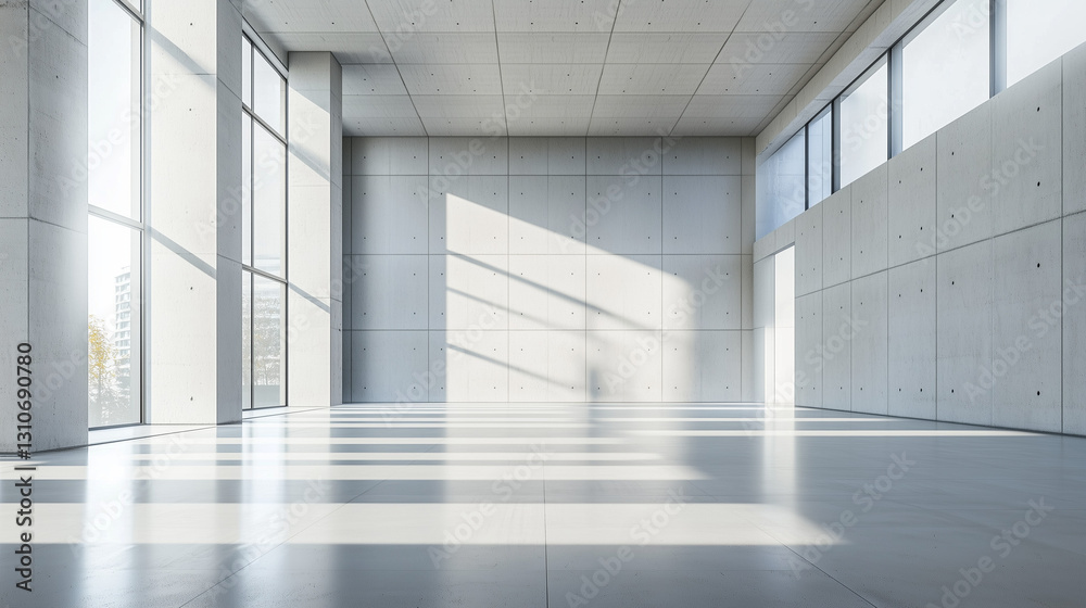 Fototapeta premium Modern concrete hall with glowing windows, embodying simplicity and clean minimalism in architectural design.