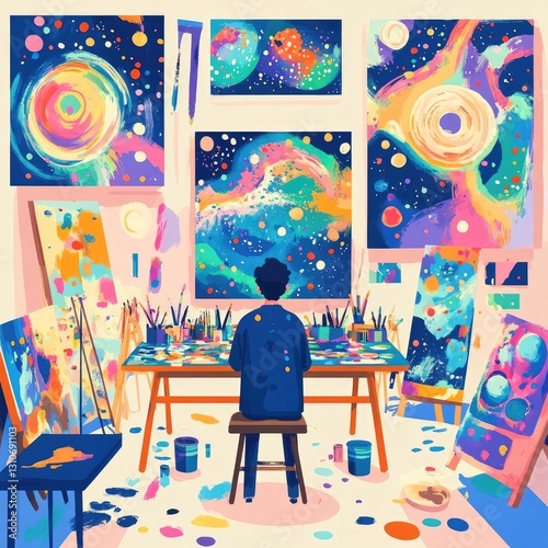 A man is painting a picture of a colorful galaxy on a canvas