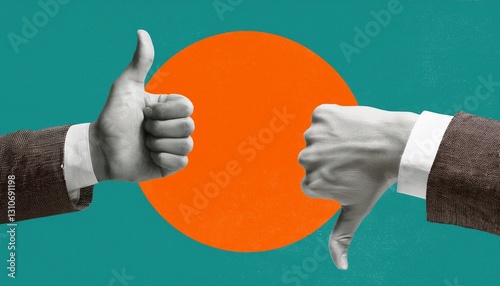 collage art shows hands with thumbs up down creative design on teal background orange circle adds contrast modern art piece representing different opinions positive negative feedback abstract