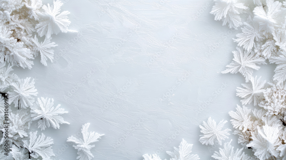 Obraz premium Frost flowers create stunning winter frame on soft white background