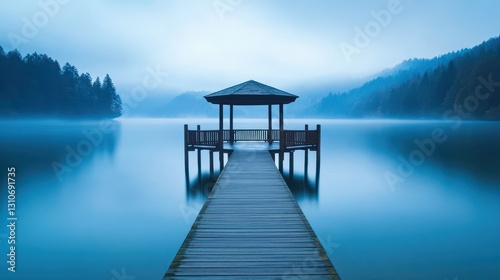 Serene Lake Dock with Gazebo Surrounded by Foggy Mountains at Dawn