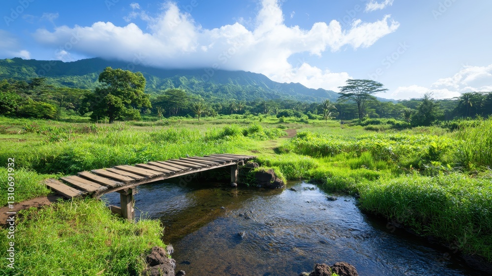Serene Wooden Bridge Crossing Shallow Creek in Western Countryside Serene Wooden Bridge Crossing Shallow Creek in Western Countryside