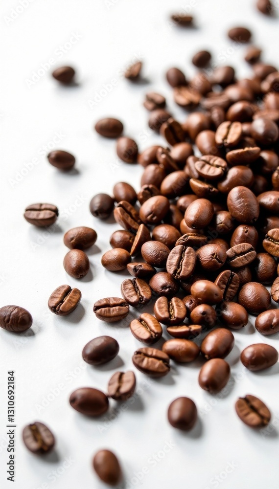 Obraz premium Freshly roasted coffee beans scattered on a white surface, food, white, roast