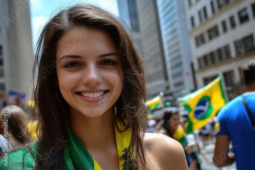 A Young Brazilian Woman Celebrating at a Colorful Festival in the Heart of a Vibrant City, Radiating Joy with a Bright Smile and National Pride photo