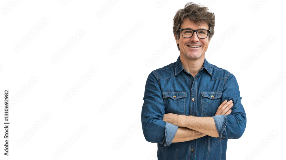 Confident man smiling with arms crossed, standing against a white background. Confident man smiling with arms crossed, standing against a white background.