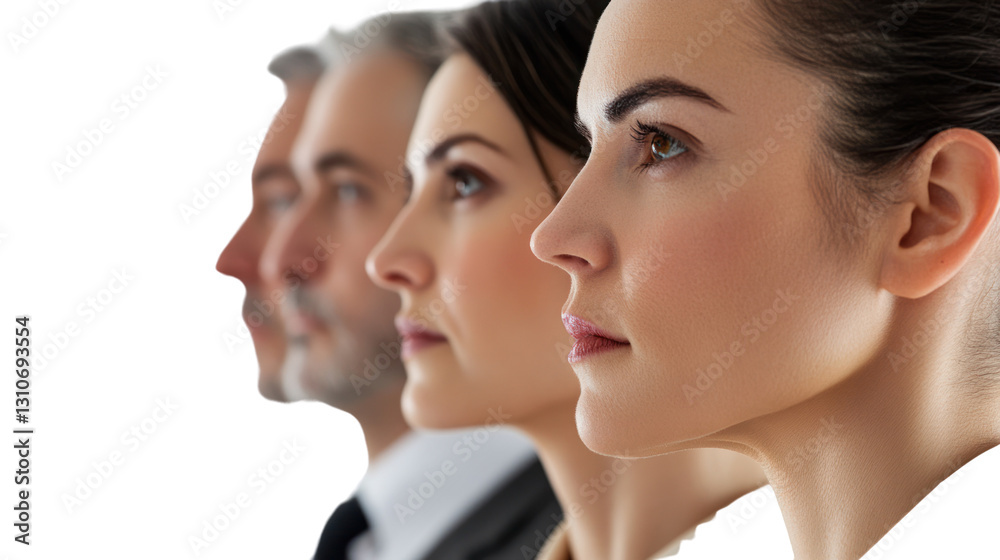 Profile view of three individuals with thoughtful expressions against a white isolated background. Profile view of three individuals with thoughtful expressions against a white isolated background.