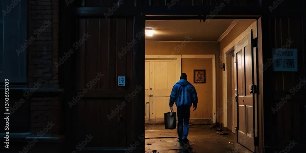 Silhouette of a man walking in a corridor, man in hoodie with a handbag or shopping bag going into the house generative AI Silhouette of a man walking in a corridor, man in hoodie with a handbag or shopping bag going into the house generative AI