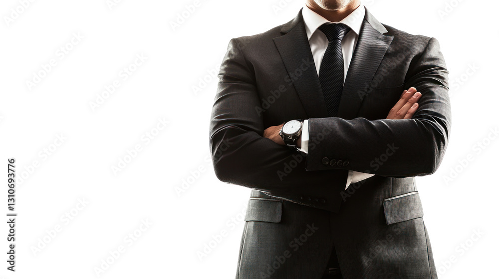 Confident businessman in a suit with arms crossed, standing against a white isolated background. Confident businessman in a suit with arms crossed, standing against a white isolated background.