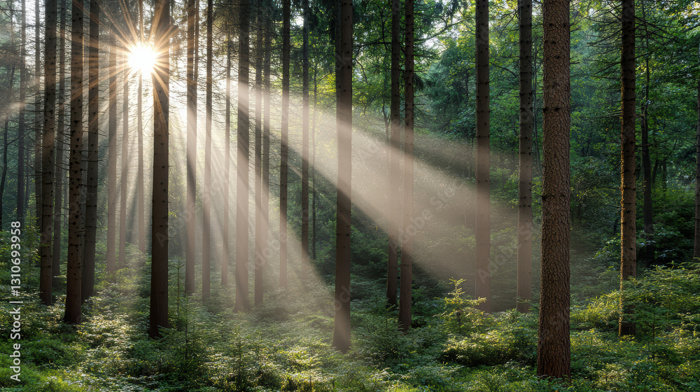 Obraz premium misty pine forest at dawn with sun rays shining through trees