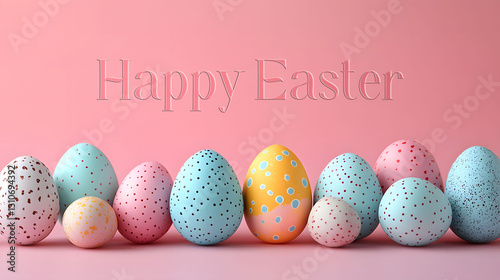 Pastel polka dot Easter eggs arranged in a row on soft pink background