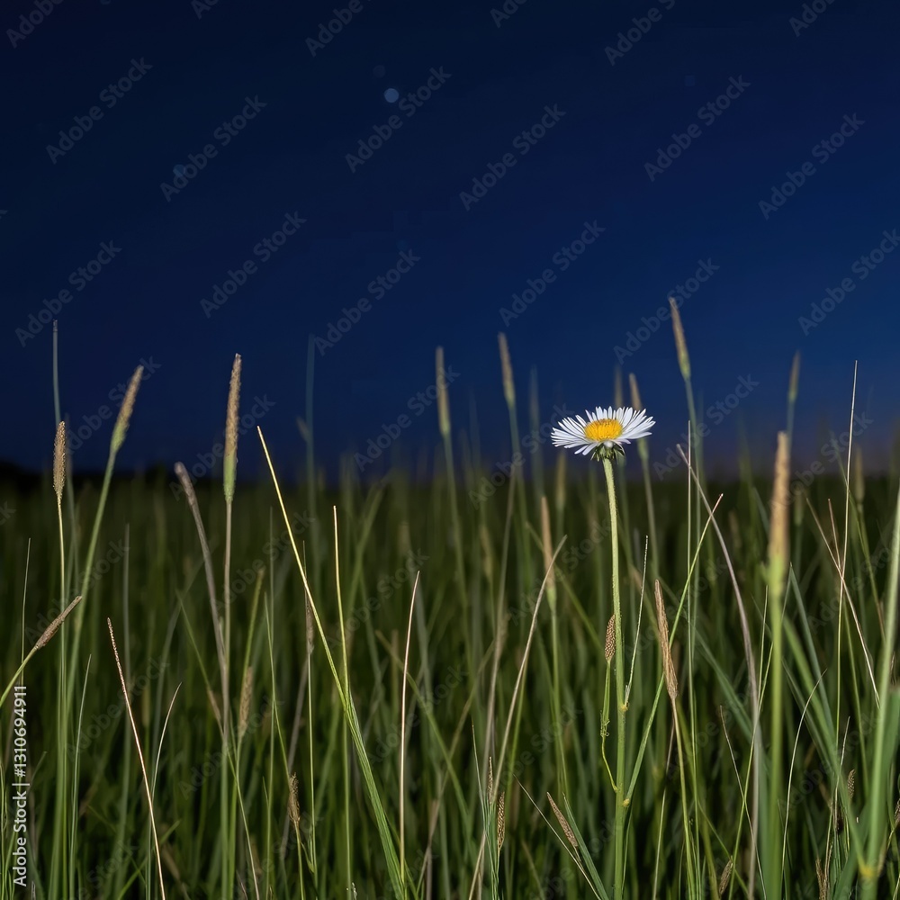 Obraz premium A delicate wildflower blooms solo amidst the tall grasses of an open grassland at dusk under starry night sky, open grassland, dark blue background