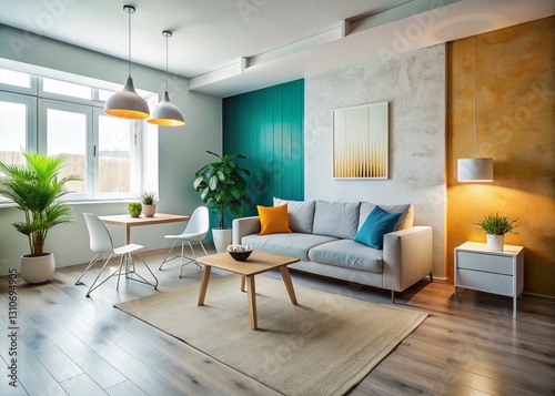 Minimalist Studio Apartment Interior: Whitewashed Wall, Gradient Background Stock Photo