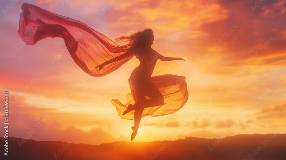 Silhouetted woman leaping with flowing fabric against a vibrant sunset. Silhouetted woman leaping with flowing fabric against a vibrant sunset.