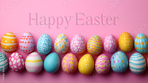 Vibrant hand-painted Easter eggs arranged in a row on bright pink background
