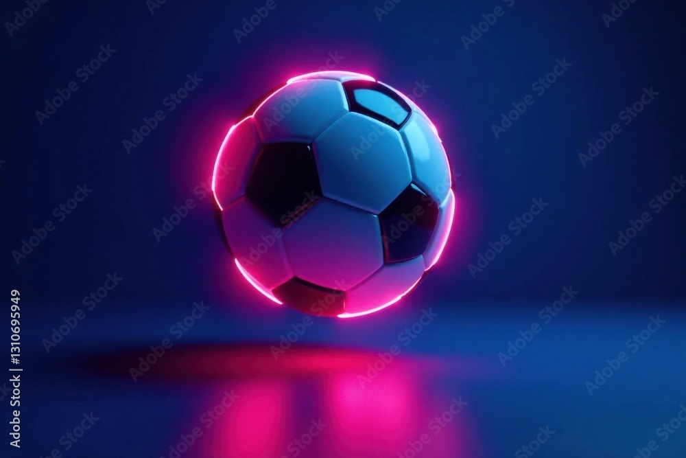 Obraz premium Glowing neon soccer ball suspended in mid-air over a deep blue background with subtle gradient effect, neon, glowing