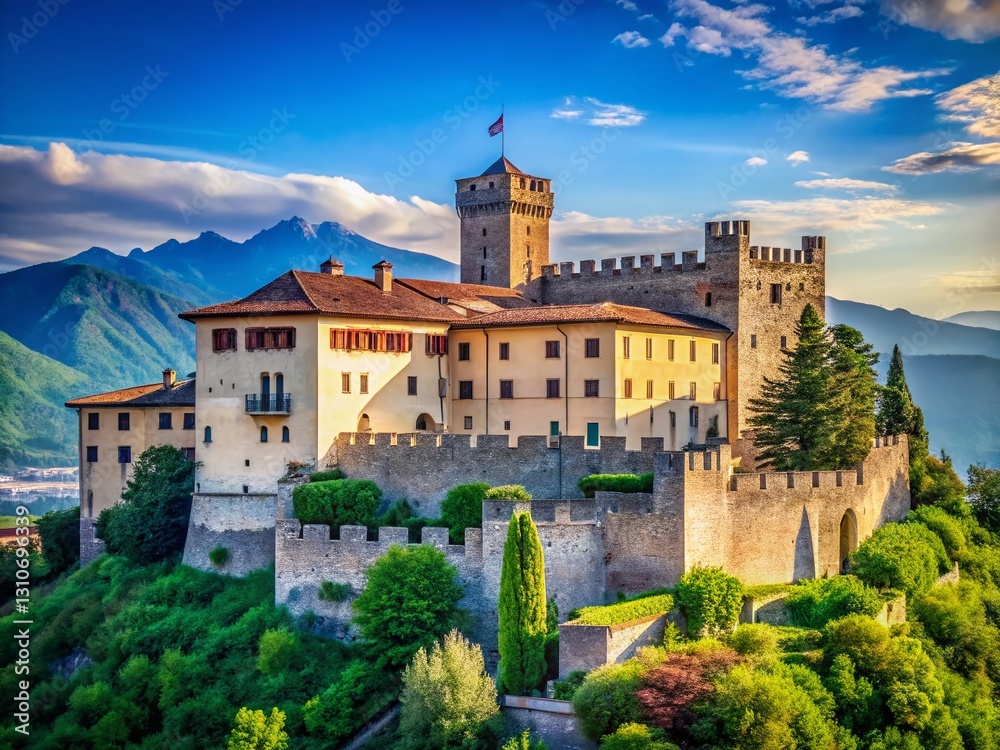 Fototapeta premium Minimalist Trento Castello del Buonconsiglio: Italian Castle Architecture, Historic Landmark, Colorful Walls, Mountain Scenery