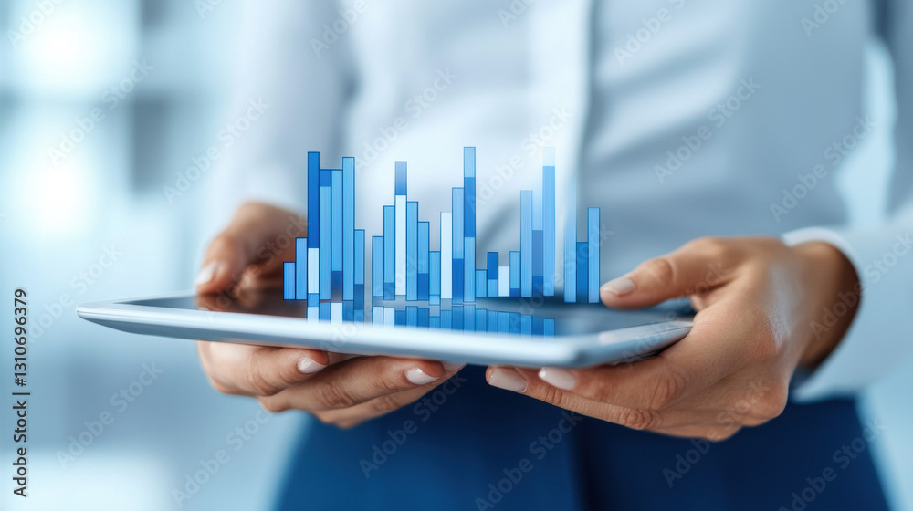 Holding a tablet displaying blue data visualizations.