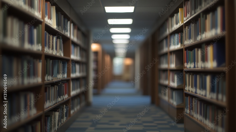 Long library aisle with bookshelves, carpet, and lights. Long library aisle with bookshelves, carpet, and lights.